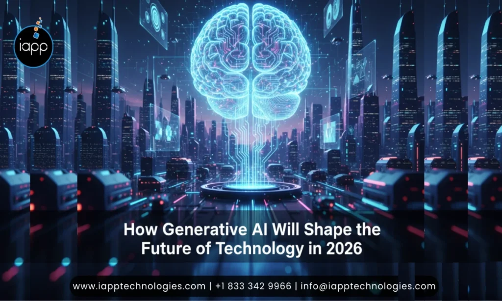 Generative AI Shaping Future Technology 2026 - Futuristic city with AI brain visualization